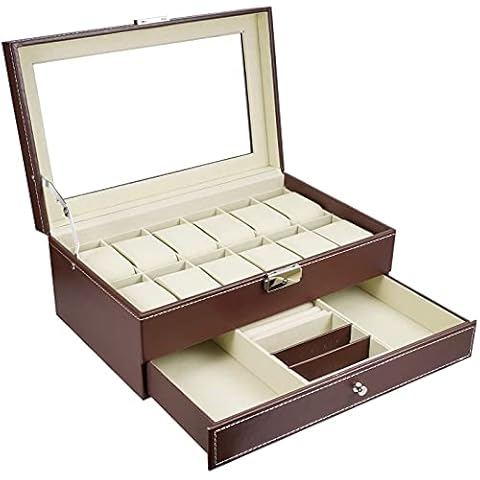 Watch Box 12 Slots Men's Watch Organiser Jewellery Display Case Collection Jewellery Box Storage Lockable Watch Case Bracelet Tray with Glass Plate, Brown, 30 * 20 * 13CM Cover