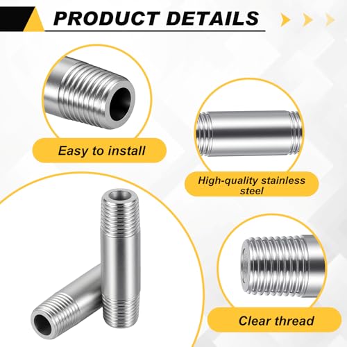 Image of 2 Pcs 304 Stainless Steel Pipe Fittings 1 /4 inch NPT x 1 /4 inch NPT Male Threaded 2 inch Length Nipple Cast Pipe Fittings for Water Oil Air Fuel