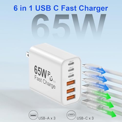 Image of 65W USB C Charger Block,3Pack 6-Port Type C Fast Phone Charging Block Cube PD Multiport USB C Power Adapter+QC 3.0 USB A Wall Plug for Apple iPhone 17 /16 /15 /14 /13 /12 /11 Pro Max /Plus /Air,iPad,Galaxy