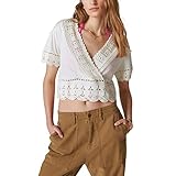 Lucky Brand Women's V Neck Crochet Top, Cloud Dancer, Large