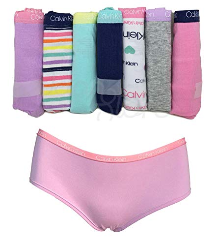 Calvin Klein Girls Hipster Panties Cotton Stretch Logo Waistband Tagless (7 Pack) (Multi - 7 Pack Small)