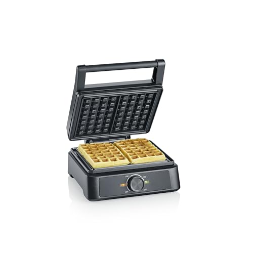 SEVERIN Gaufrier 1 600 W, Appareil à gaufres au revêtement antiadhésif pour gaufres belges moelleuses et croustillantes, Machine à gaufre sans PFAS au design compact, Noir, WA 2130
