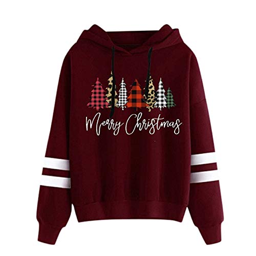 Fröhliche Weihnachten Kapuzenpullover Damen Streifenspleißen Langarm Sweatshirt Kapuzenoberteile Herbst Winter Pullover(f-rot,XL)