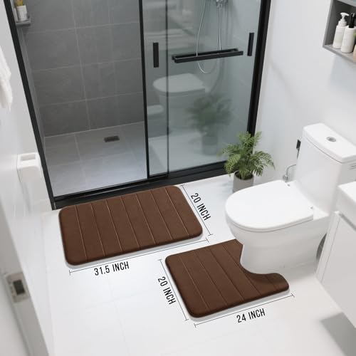 Image of Yimobra Memory Foam Bath Mat Set 2 Piece - Super Soft Absorbent Quick Dry Bathroom Toilet Rugs, Machine Washable Non Slip Floor Carpet for Tub Shower & Single Sink (31.5x20 & 24x20, Brown)