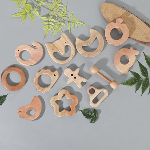 Image of Babbles Neem Wood Teethers for Babies | Wooden Teethers for 6 to 12 Months Baby | Natural and Antibacteria (Star + Moon + Dumbbell + Micky)