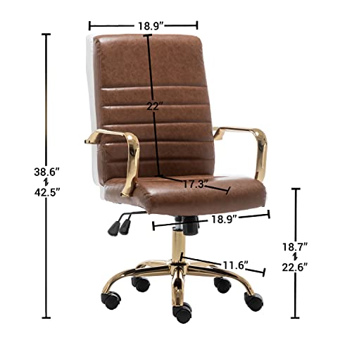 Btexpert Brown Vintage Faux Leather Adjustable Home Office Golden Arms Exectuive Chair High Back Manager Desk Armchair #TOP2