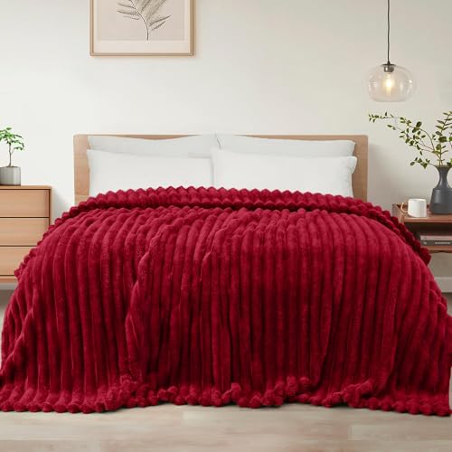 Exclusivo Mezcla Coperta Plaid Pile di Flanella per Divano, 230x270 CM Coperta Letto Matrimoniale con Righe Jacquard, Accogliente e Leggero, Rosso intenso