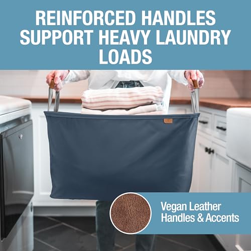 Image of CleverMade Collapsible Laundry Basket LUXE 2 Pack - 60 L (16 Gal) Foldable Cotton Blend Clothes Hamper with Vegan Leather Accents, Reinforced Handles, Space Saving Laundry Bin Holds 55 lbs - Navy