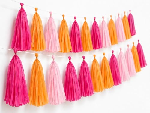Image of Pink Orange and Rose red Tissue Paper Tassels Tassel Garland Banner for Birthday Party Decorations,Pack of 15