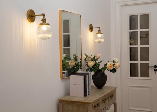 Image of PERMO Vintage Industrial Wall Sconce Lighting Fixture with Mini 5.9 inch Round Clear Globe Ribbed Glass Shade (Antique Brass Gold)
