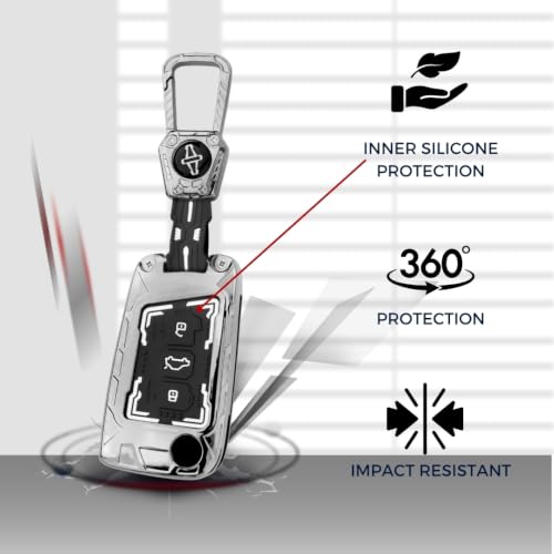 Image of Keycept Key Cover for Skoda and Volkswagen - Kushaq | Octavia | Kodiaq | Superb | Slavia | Passat | Taigun | Tiguan | Virtus | T ROC 3 Button flip Key with Keychain (Metal Armor)