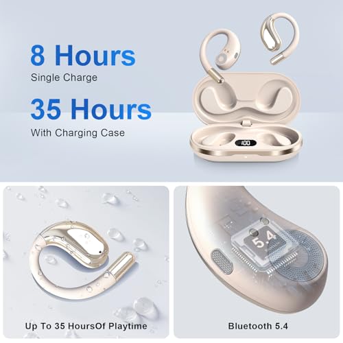 Image of Open Ear Clip Wireless Earbuds Bone Conduction Headphones, Bluetooth 5.4, Open Ear Design for Running Fitness,IPX7 Waterproof,Office，Built-in Mic, Ear Hooks Ear Buds,Running,Workout ，Fit Cycling