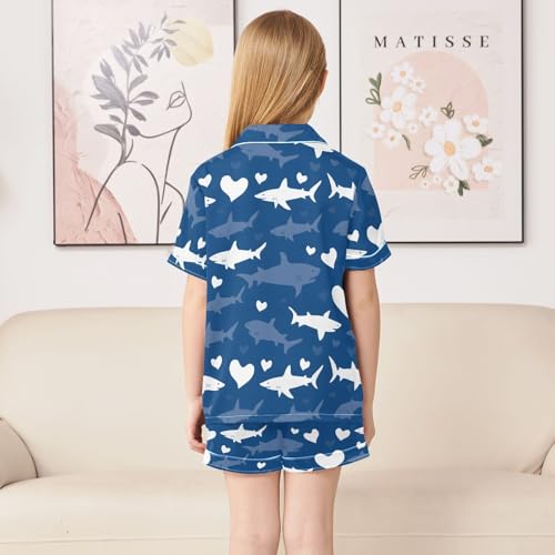 ALAZA White Shark Fish Heart Satin Pajamas Set Short Sleeve Button Down Sleepwear Summer Pjs 2 Piece4