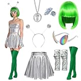 8 Pièces Costume Alien Femme, Carnaval Costume Femme, Deguisement Alien Costume Accessories avec Perruque Verte Chaussettes Bandeau Lunettes Gants Jupe Plissée, Costume d'Espace pour Cosplay Carnaval