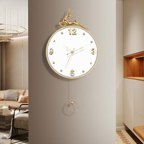 掛け時計 金属 おしゃれ かけ時計 北欧 連続秒針 静音 壁掛け時計 大型 鹿 壁掛け 振り子 時計 大数字 見やすい 丸形 掛時計 インテリア 寝室 リビング 部屋飾り 贈り物 30 x 58 cm,白