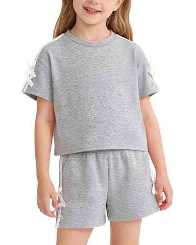 SOLOYEE Girl Clothes 5T 6T Toddler Girls Summer Outfits White Bows Short Sleeved Top + Shorts Cute 2 Piece Clothing Set for Little Girls (Grey, 5-6 Years)