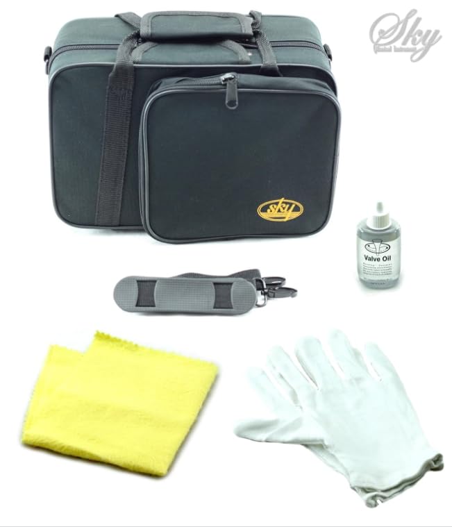 Sky Band Approved Brass Bb Pocket Trumpet with Case, Cloth, Gloves and Valve Oil, (Blue)