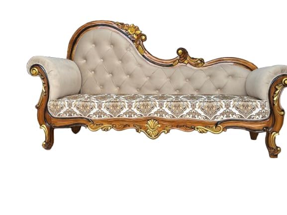 Image of Victorian Style Chaise Lounge, Tufted Cream Upholstery, Mahogany Wood Frame, Classic Living Room Furniture (diwan 3 Set)