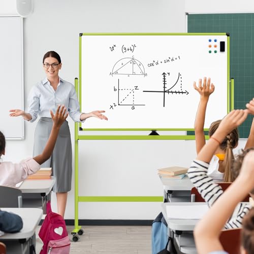 Image of Large Dry-Erase Rolling Magnetic Whiteboard - 48 x 32 Inches Dry Erase Board with Stand Height Adjust Double Sides Mobile White Board Easel on Wheels with 25 Sheets Paper Pad Office, Home & Classroom