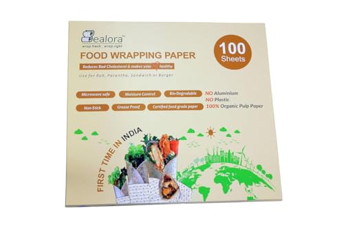 Image of 100 Sheet Food Wrapping Paper Sheets for Roti, Paratha, Sandwich & Burger | 100% Organic Wood Pulp, Biodegradable, Oil & Grease Resistant, Non Stick, Microwave & Oven Safe | Pack of 1