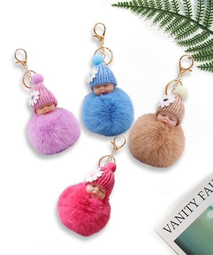 Select Zone Schlüsselanhänger Bommel 4 pcs Schlafende Babypuppe Keychain Plüsch Anhänger Mini Baby Puppe Keychain | Handtasche Anhänger | Flauschige Auto