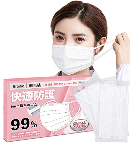 【個包装 日本国内検品】立体 マスク 大人用 ホワイト 使い捨て 三層構造 不織布 平ゴム 耳痛くならない 51枚箱入