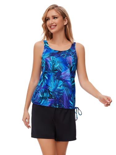 BIMEI Women's Mastectomy Swimsuit Tankini Top Blouson Tummy Hiding Side Tie Bathing Suits Cover-up Shorts with Panty,2384