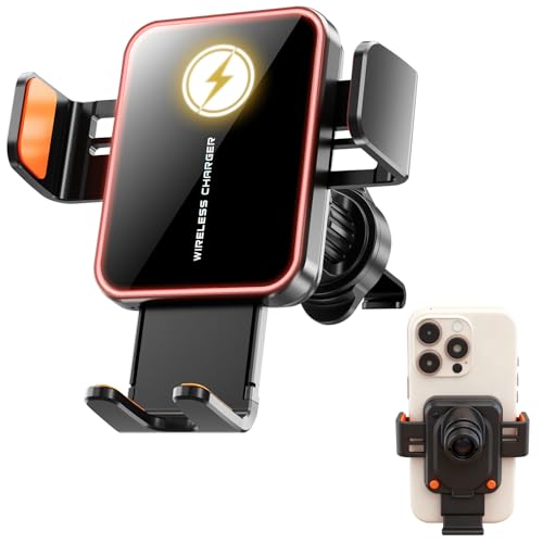 OBEST Cargador Inalámbrico Coche,15W Inducción Rápida Soporte de Teléfono Clip de Ventilación, Sujeción Automática, Luz RGB, Giro de 360 °, Cargador Inalambrico Coche Compatible
