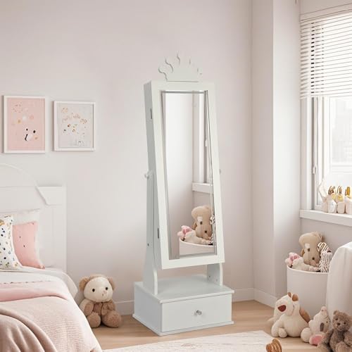 Garvee Kids Jewelry Cabinet with Full-Length Mirror, Freestand Mirror with Storage Drawers, Kids Vanity Dress Up Mirror with Jewelry Organizer, 46" Jewelry Armoire for Bithday/Christmas(White)