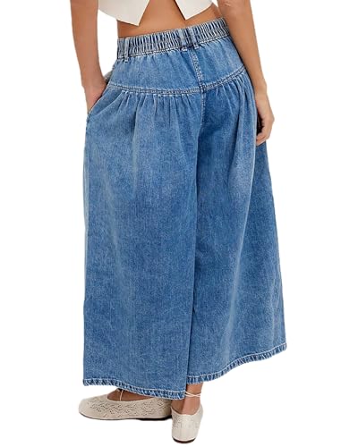 Women's Pleated Baggy Wide Leg Jeans Casual Back Elastic Button-Fly Pleated Denim Pants with Pockets3