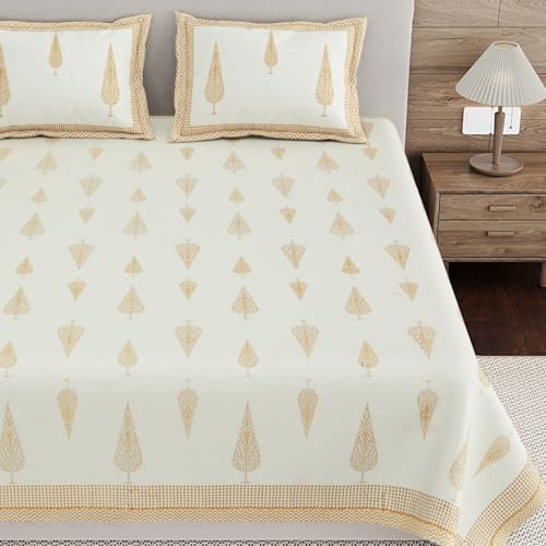 Image of Living Roots Ethnic Jaipur Block Print Double Cotton Bedsheet & 2 Pillow Covers, for Mattress Upto 6 inches Thick, No Colour Bleeding, Golden Yellow Colour, King Size 90 * 108 inches, 120TC (606-A)