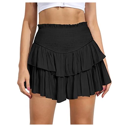 MIYIEONZ Women's Cute High Waist Ruffle Mini Skirt Layered Ruffle Hem Flared Flowy Casual Swing Beach Mini Short Skirt Black