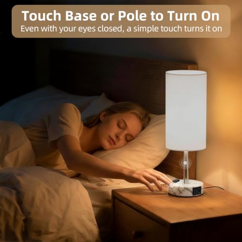 Image of Table Lamp, Dimmable Touch, AC Outlet, USB A+C (White&Marble) | 3-Way Dimmable, Small Touch Lamp with Eye-Care LED Bulb, Ideal Bright Lighting Bedside Lamps for Nightstand, Bedroom, Reading
