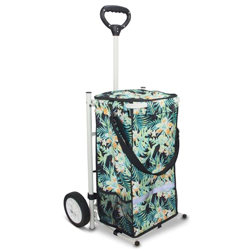 TOPWELL Einkaufstrolley klappbar 45L (bis 50 kg) mit Kühlfach & Abnehmbarer Tasche | Leichtgewicht Einkaufswagen mit Haken | Robustes Design für Einkauf, Camping & Reise (Tropischer Stil)