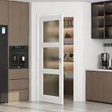 Romeday 30' x 80' Frosted Glass Pantry Door, 3-Lite Interior Slab French Doors with Glass, Solid Core Wood Panel for Laundry & Bathroom, White Prefinished Paintable