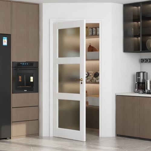 Romeday 3-Lite Frosted Glass Door for Pantry, Interior Slab French Doors with Glass, 30" x 80" Solid Core Wood Panel for Laundry & Bathroom, White Prefinished Paintable