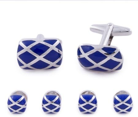 Tuxedo Stud and Cufflink Set Puffed Rectangle with Silver Tone and Blue Inlay