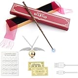 Hermione Granger Wand, 38CM Magic Hermione Wand Light Up, USB Charging Glow Magic Wand, Hand Carved Wands in Gift Box with Spell Card, Station Ticket, Necklace for Cospla