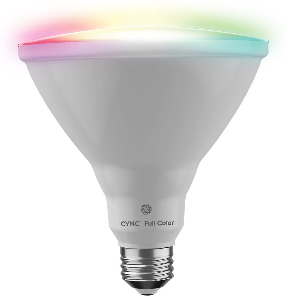 GE CYNC Smart LED-Glühbirne, farbwechselnde Lichter, Bluetooth- und WLAN-Lichter, funktioniert mit Alexa und Google Home, PAR38 Außenstrahler (1 Pack)