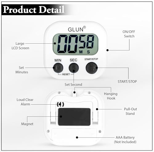 Image of GLUN Digital Kitchen Timer for Cooking, Pack of 1 Big & Clear Digits, Loud Alarm, Magnetic Back, Timer for Baking, Creating Food, White Body & Black Buttons (Random Color)