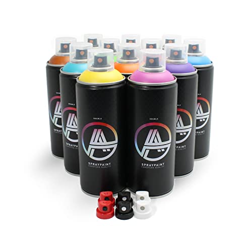 Double A Spraypaint Sprühdosen Set, Paket Grundfarben Groß, 12 Spraydosen 400ml + Sprühaufsätze