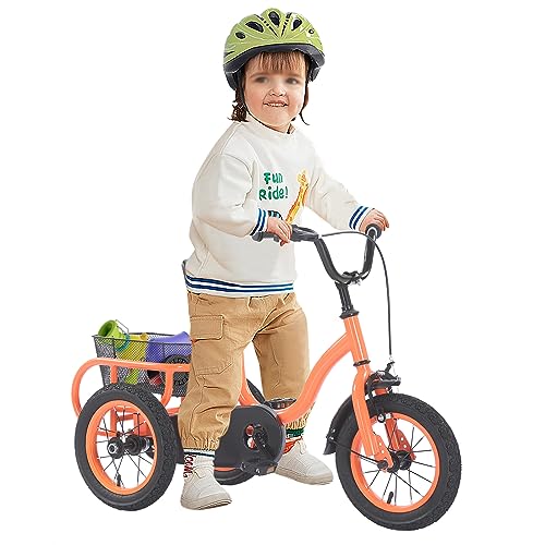 Triciclo infantil de 12 pulgadas a partir de 2 – 5 años, asiento y manillar ajustables, freno delantero y protector de cadena, cesta de almacenamiento grande, pedales antideslizantes, para niños y