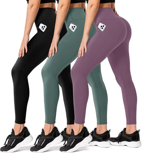 FULLSOFT 3 Pack Leggings Pockets High Waisted Soft Yoga