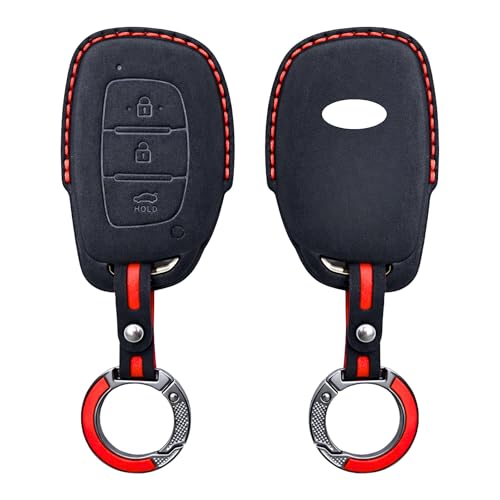 Image of KMH Alcantara Car Key Cover Compatible Hyundai Grand i10 NIOS Asta | Venue | i20 | Aura | Creta | Elantra 3 Button Shell Case Holder Full Key Smart Keycover with Keychain (D1) Black - Pack of 2