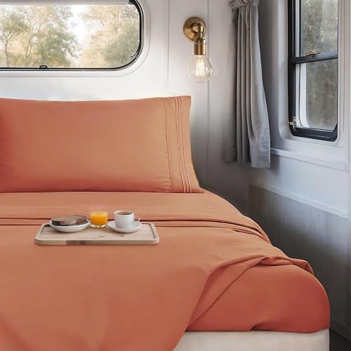 Image of Nestl Rust Short Queen Sheets for RV, Hotel Luxury RV Queen Sheets Set, 4 Piece Fitted Bed Sheet Set and Pillowcases, Super Soft, Wrinkle-Free, and Breathable Camper Bedding