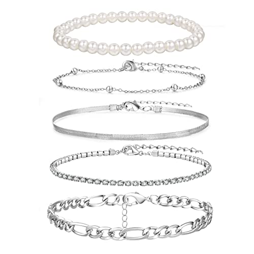 LOUMILEO Tobilleras de Oro para Mujer Tobillera Chapada en Oro de 14 quilates Cadena Figaro de plata/Espiga/Cuentas/Zirconia cúbica Juego de tobilleras en capas Ajustable Joyería de playa 5 piezas Cover