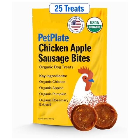 PetPlate Chicken Apple Sausage Bites, Human Grade Dog Treats, All Life Stages, Grain-Free, Organic and Real Ingredients, High Protein, Healthy Snacks (Pack of 1, 4.5 Ounce) Cover