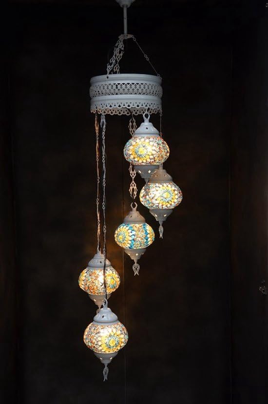 Halay Lampe pendante mosaïque multicolore en verre bleu à 5 boules, lustre marocain turc crème blanc oriental