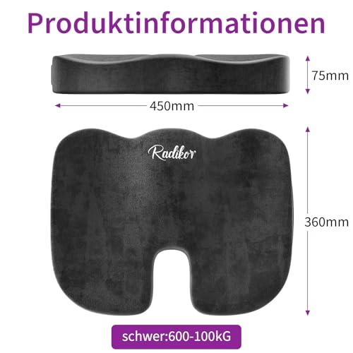 Radikor Orthopädisches Sitzkissen Hüfte, Sitzkissen Bürostuhl, Steißbeinkissen Auto, Ergonomisches, aus Memory Foam… – Ansicht 5