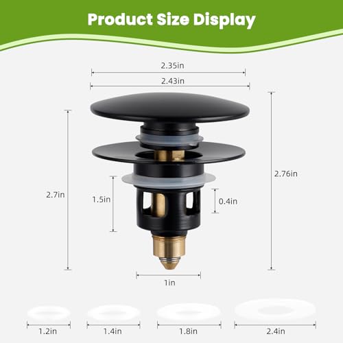 Image of Universal Bathroom Sink Drain Stopper Strainer, 2PCS, Matte Black | 2 in 1 Pop Up Sink Stopper for 1.1''~2.36'' Sink Basin Hole, Hair Catcher with Removable Stainless Steel Filter Basket